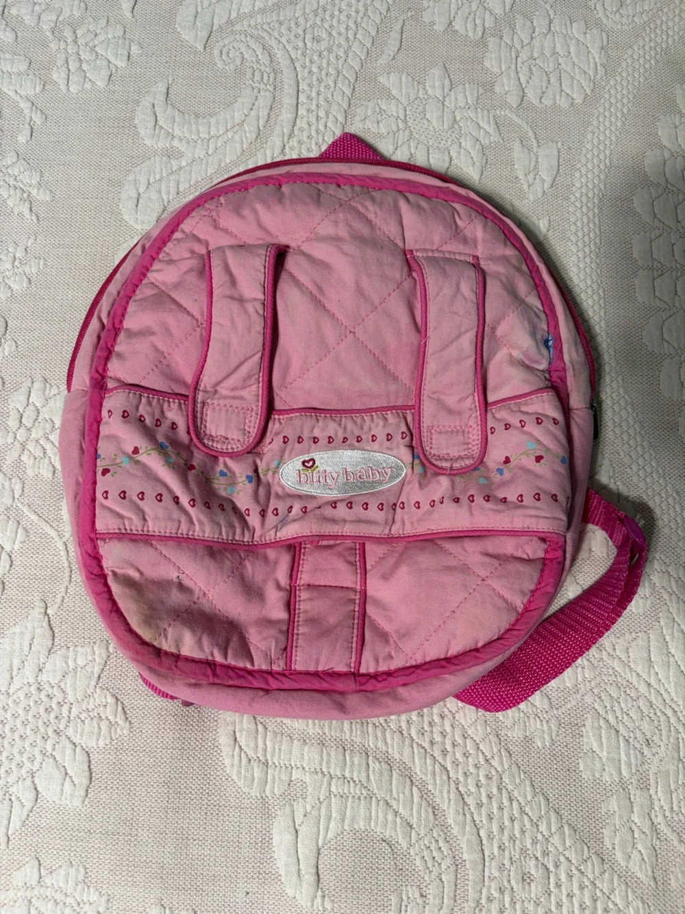 American Girl Bitty Baby Pink Quilted Kids Backpack WELL LOVED but functional